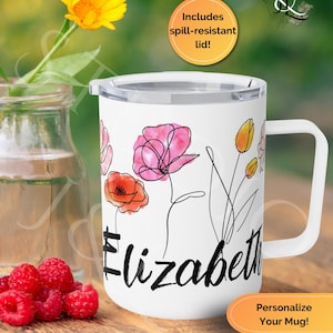 Personalized Wildflowers Insulated Coffee Mug, 10oz, Custom Name Camping Cup Floral Travel Tumbler with Lid Mom Sister Grandma Teacher Gifts