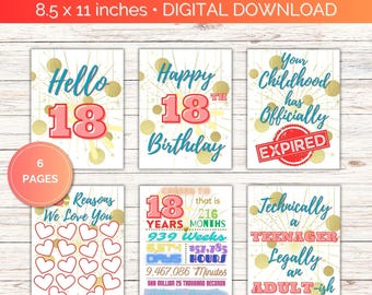Pode incluir: Um pacote de download digital de seis cartazes de 18º aniversário de 21,59 x 27,94 cm. Os designs apresentam texto em azul e rosa, padrões de confete dourado e frases como Hello 18, Happy 18th Birthday e Your Childhood has Officially EXPIRED.