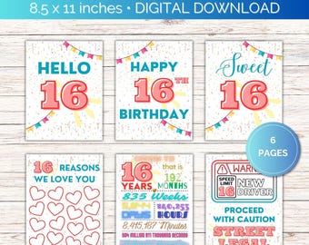 May include: A 16th birthday digital download bundle featuring six 8.5 x 11 inch printable pages. Designs include celebratory text, colorful bunting, heart graphics, and a warning sign for a new driver, all with a festive confetti background.