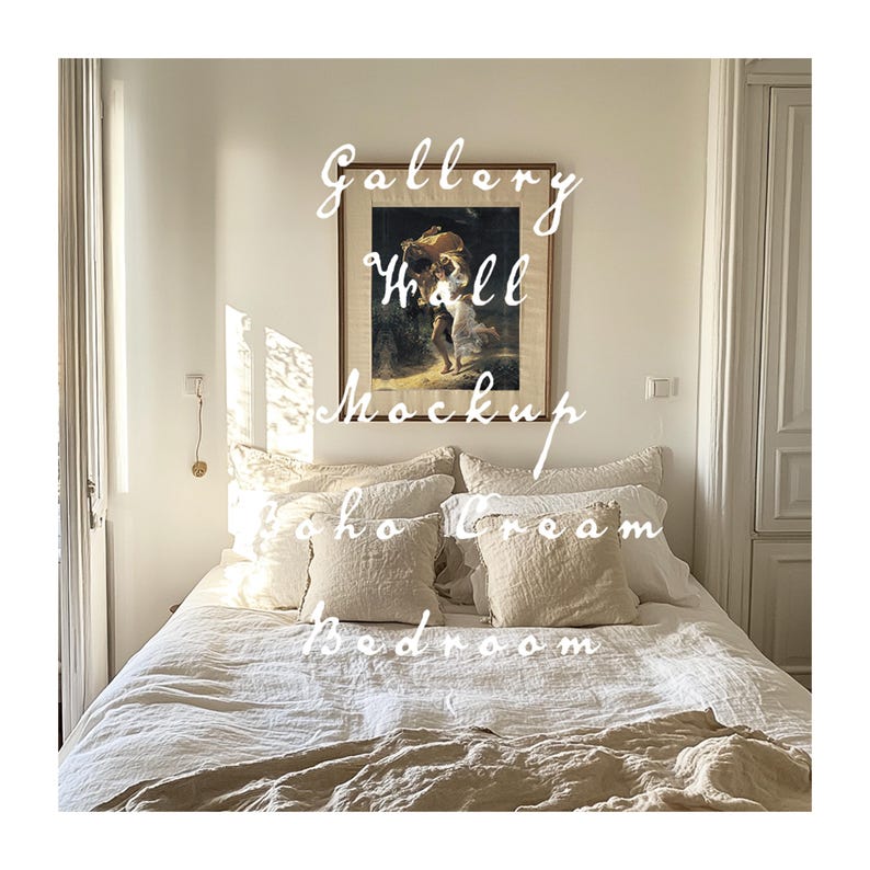 May include: A bedroom with a white linen bedspread and a framed painting on the wall. The painting is of a woman holding a basket of flowers. The bed has several pillows in shades of cream and beige.