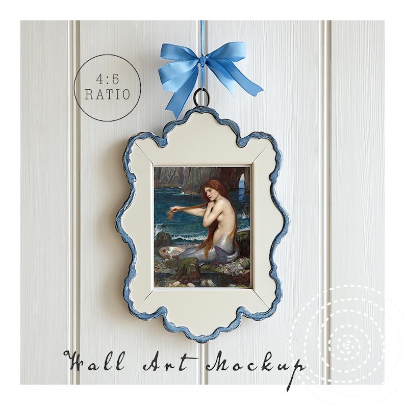 Scalloped Edges Frame Mockup Coquette Blue Bow Wall Art Mockup Canva