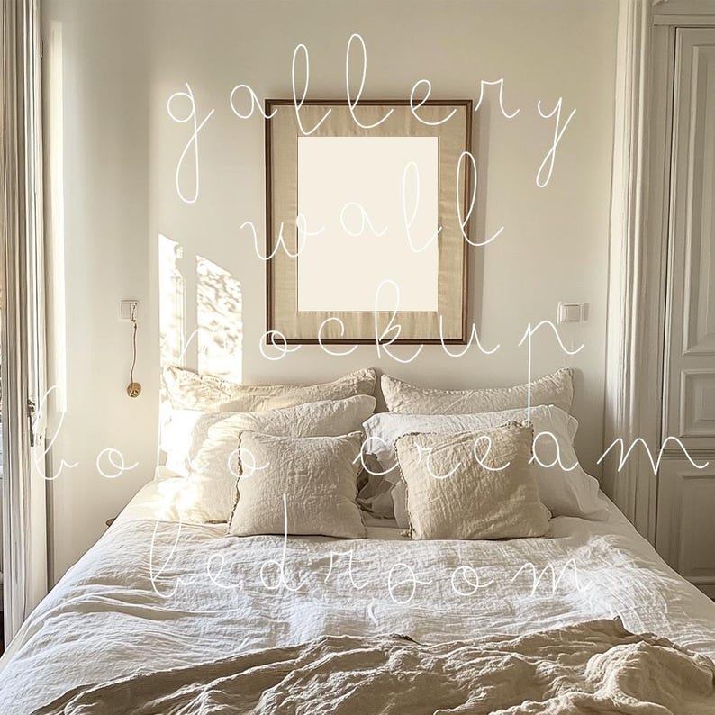 May include: A white bed with a beige linen duvet cover and pillows. A wooden frame with a blank canvas hangs on the wall above the bed. The room is decorated in a minimalist style.