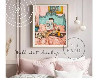 May include: A framed print of a woman in a pink bed with four dogs. The woman is reading a newspaper called "Les Nouvelles" and there are two glasses of champagne on a tray. The print is in a white frame and has a 4:5 ratio.