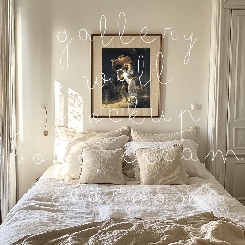 May include: A white linen bed with a brown throw blanket and a framed painting of a woman carrying a basket on a wall above the bed. The painting is in a wooden frame.