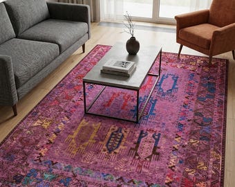 Distressed Turkish Area Rug – Traditional Floral Oriental Carpet, Boho Pink Style