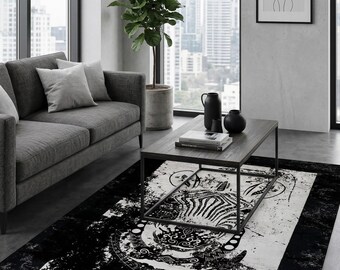 Abstract Zebra Print Rug, Black White Tribal Distressed Carpet