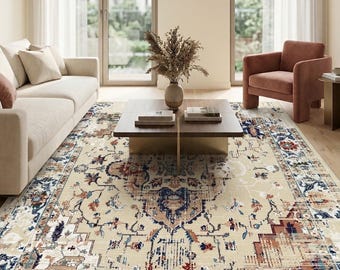 Distressed Oriental Medallion Rug: Beige Navy Turkish Low Pile Area Carpet