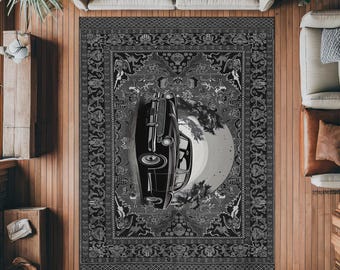 Monochrome Vintage Car Rug, Gothic Anatolian Statement Carpet, Retro Washable Home Decor
