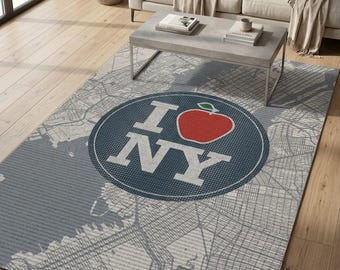 I Love NY Map Rug, Modern Urban Carpet, Washable Printed Area Rug