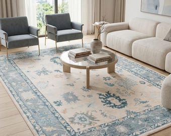 Distressed Floral Area Rug: Vintage Beige Blue Turkish Low Pile