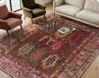 Distressed Tribal Oriental Rug: Brown, Pink, Beige Boho Area Rug (Low Pile)
