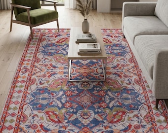 Vintage Floral Oriental Rug: Blue Red Turkish Low Pile Area Carpet (Robot Vacuum Friendly)
