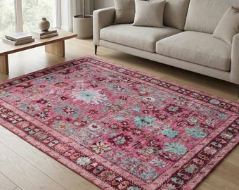 Distressed Turkish Area Rug – Traditional Floral Oriental Carpet, Boho Pink Style