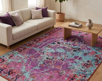 Distressed Tribal Oriental Rug: Pink, Purple, Turquoise Boho Area Carpet
