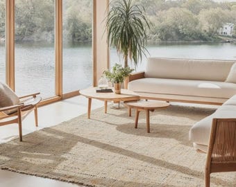 Handwoven Wool Jute Rug Neutral Grey Textured Modern Natural Carpet Habran