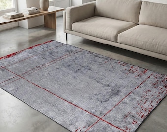 Grey Red Geometric Area Rug – Modern Abstract Living Room Carpet