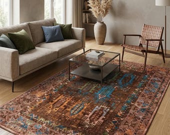 Distressed Tribal Oriental Area Rug – Brown Turquoise Boho Turkish Carpet