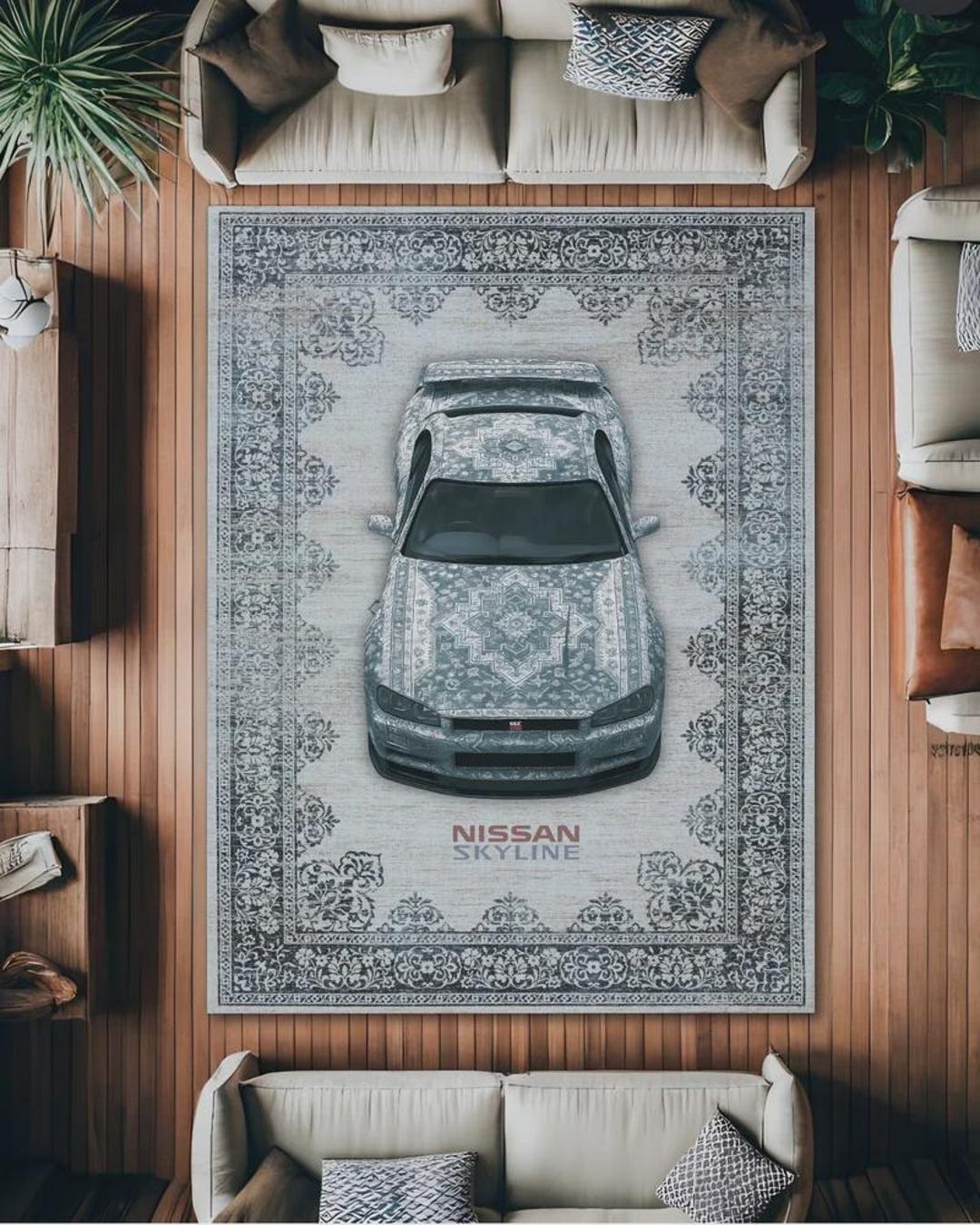 Nissan Gt R Rug Nissan GT-R R34 Skyline Rug – JDM Car Art, Traditional Blue Grey ...