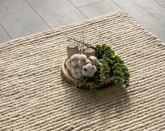 Handwoven Chunky Wool Rug Braided Neutral Cream Modern Carpet Sakura
