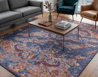 Distressed Oriental Floral Rug: Vintage Blue Turkish Area Carpet