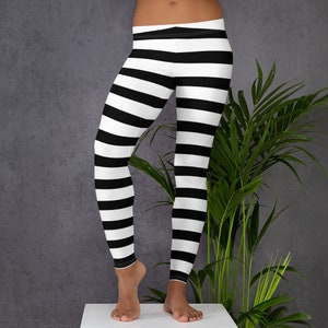 Stylishly Spooky Halloween Leggings - Striped Black and White Tights for Your Halloween Costume