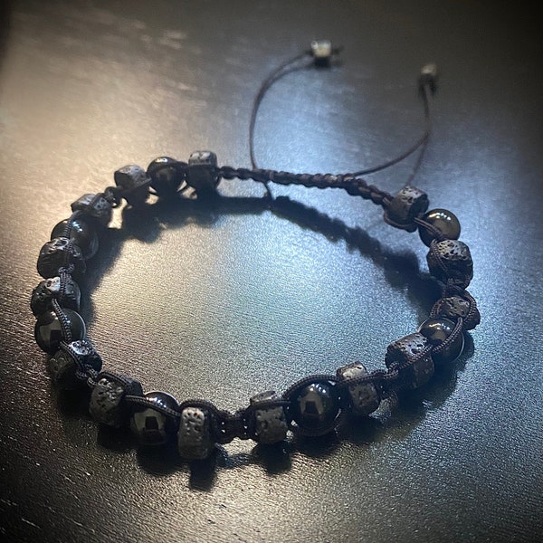 Macrame Adjustable Braided Bracelet, Natural Black Onyx Beads and Lavastone, Gift for Women and Men 6” - 8.5”