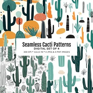 May include: A set of four digital seamless patterns featuring cacti in various styles and colors. The patterns are perfect for adding a touch of desert charm to any project.