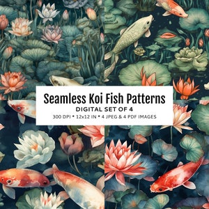 May include: Four seamless patterns featuring koi fish swimming in a pond with water lilies and lily pads. The patterns are in shades of blue, green, pink, and orange. The text "Seamless Koi Fish Patterns" and "DIGITAL SET OF 4" is displayed on a white rectangle in the center of the image.