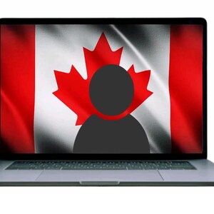 May include: A laptop computer with a Canadian flag displayed on the screen. The flag is waving and the silhouette of a person is in the center of the flag.