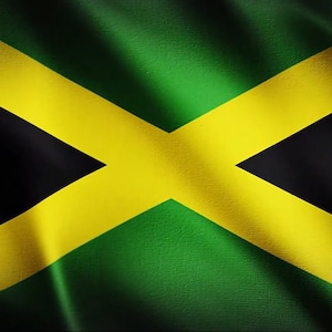 May include: The national flag of Jamaica, featuring a diagonal yellow cross on a green background with black triangles in each corner.