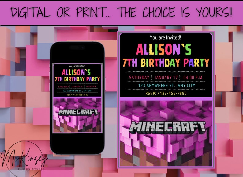 Editable Girl Minecraft Birthday Invitation, PINK Mine Pixel Craft