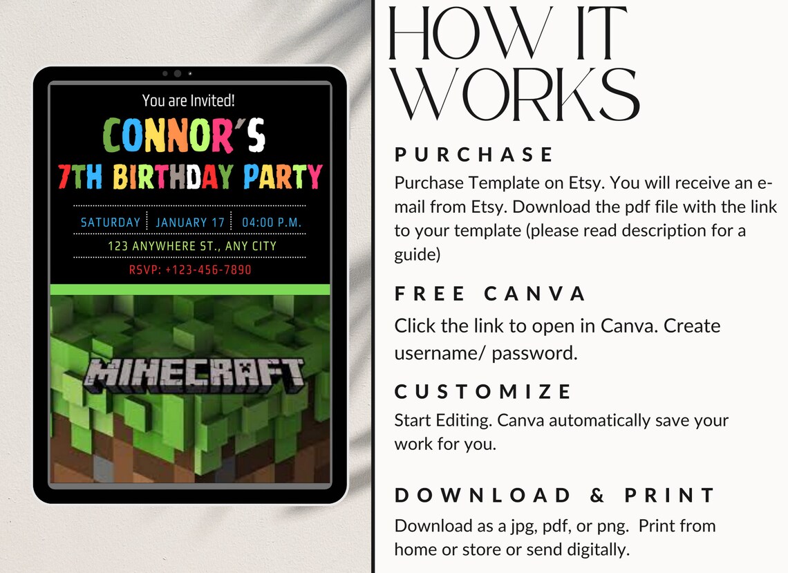 Editable Minecraft Birthday Invitation Printable Mine Theme Birthday ...