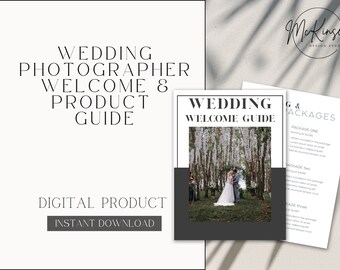 Op de afbeelding: Een digitale productgids voor trouwfotografen. De gids bevat een welkomstbericht, een foto van een stel in een bos en een lijst met verschillende trouwfotografiepakketten.