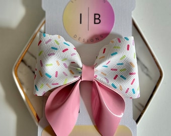 Adorable Sailor Bow, Sprinkle print Vegan Leather | Pink Patent | Summer Hair Accessory | Faux Leather, Trendy Kids Hair Headband | Clip