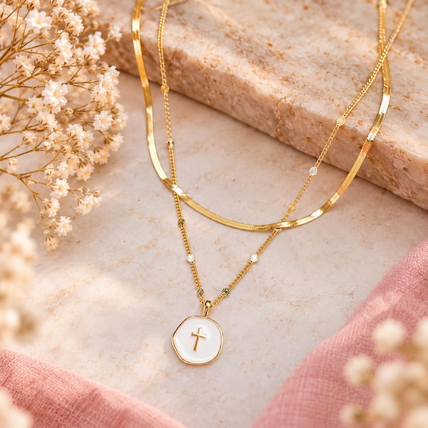 Coin Cross Layered Necklace Set | 18K Gold-Filled | Christian Women's Gift