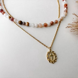 Gold Cross Layering Necklace: Gemstone Beaded Choker, 18k Gold Plated