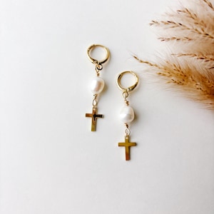 Gold Cross Dangle Earrings – Freshwater Pearl Cross Earrings - Christian Jewelry – Faith Earrings – Dainty Gold Drop Earrings – Gift for Her