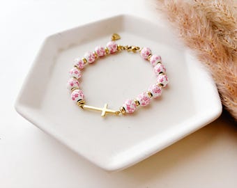 Floral Porcelain Cross Bracelet: 18k Gold-Plated Faith Gift