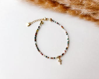 Dainty Gemstone Beaded Cross Bracelet – Gold-Filled Charm, Faith Gift