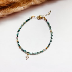 Zierliches Edelstein Perlen Kreuz Armband - Gold-Filled Anhänger, Glaube Geschenk
