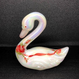 Fenton Hand-Painted by M. Lemon Iridescent Glass Swan with Roses