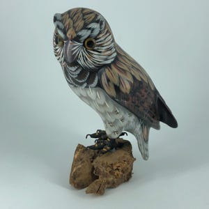 Vintage Hand-Painted Folk Art Ceramic Owl On Wood Base Figurine