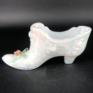 Vintage Fenton White Iridescent Cabbage Rose Glass Slipper Shoe w/ Applied Rose