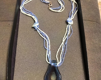 Hand-Blown Art Glass Pendant on Beaded Multi-Strand Necklace