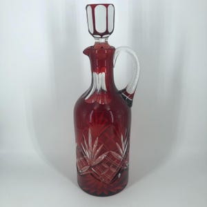 Vintage Ruby Red Cut to Clear Glass Decanter with Stopper