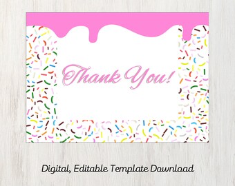 Könnte beinhalten: Eine rosa und weiße druckbare Dankeskarte mit einem rosa Frosting-Design und bunten Streuseln am Rand. Der Text "Vielen Dank!" ist in rosa kursiver Schrift geschrieben. Die Karte lautet "Digitaler, editierbarer Vorlagen-Download" unten.