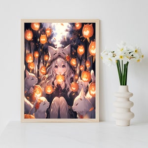 Halloween Beast Japanese Girl Cute Digital Download, Wall Art, Printable Art, Anime Gaming Manga Switch Aesthetic Nighttime Kawaii Poster