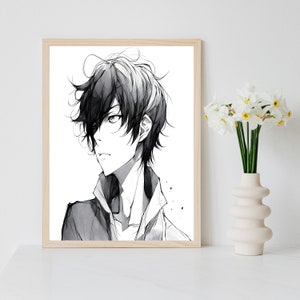 Anime Art Digital Download, Wall Art, Printable Art, Anime Boy Aesthetic Manga Line Art Poster