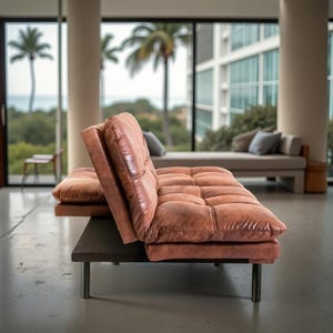 May include: A brown leather sofa with a tufted seat and backrest. The sofa has a low profile and sits on a dark wooden base with metal legs. The background shows a tropical view with palm trees and a building.