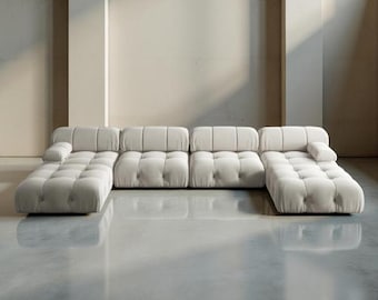 Boneless Bubble Velvet Sectional Sofa - 4-Seat Modular U-Shaped with 2 Reversible Chaise Ottomans, Tufted Modern Lounge Couch for LivingRoom